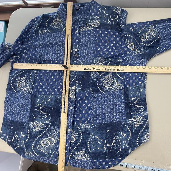 Chaps Top Women 3X Blue Patchwork Paisley Floral Bandana Print Button Front Boho - Picture 7 of 11